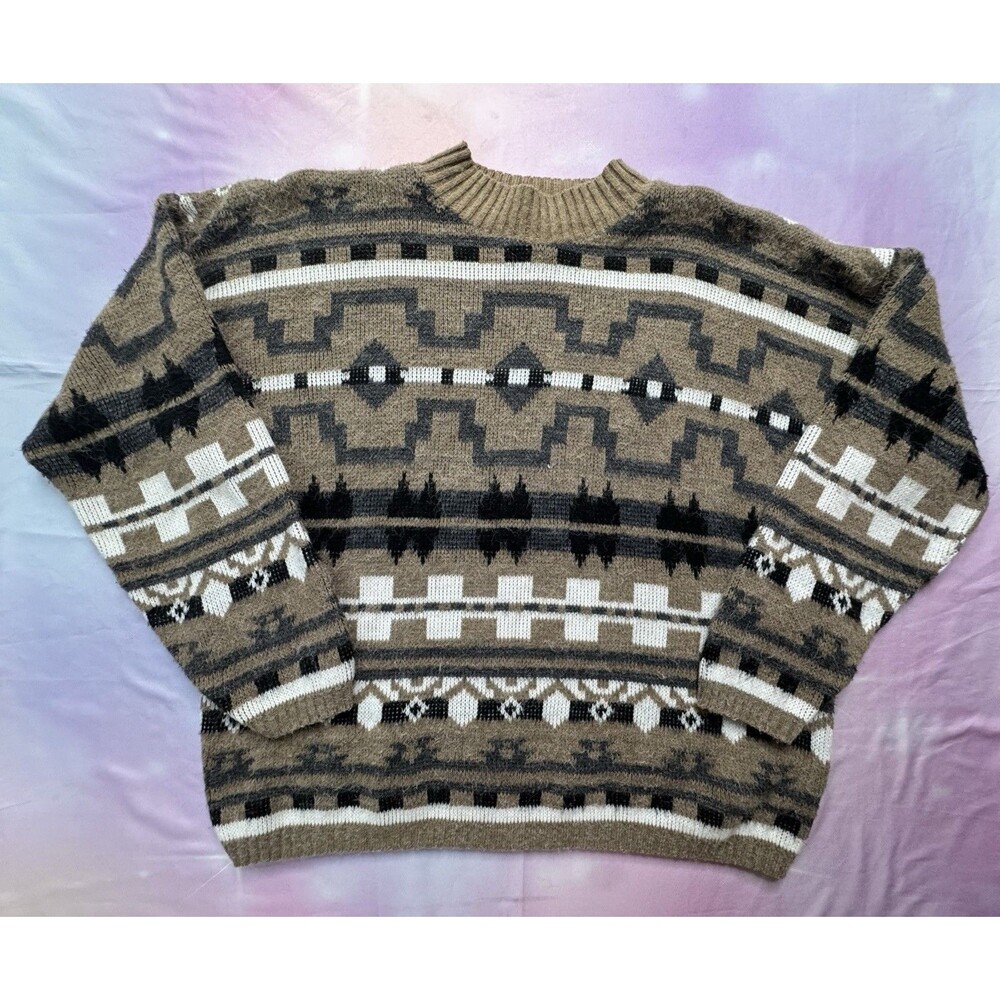 In Charge Vintage Sweater Women’s Geometric Pullover Knit 90s Large Brown/White